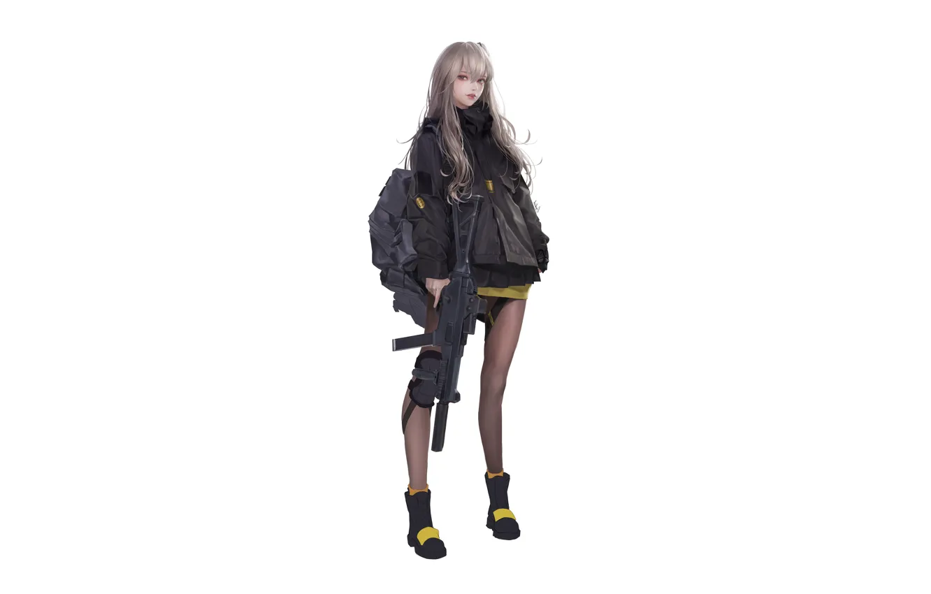 Фото обои девушка, стиль, оружие, фон, минимализм, арт, автомат, girl