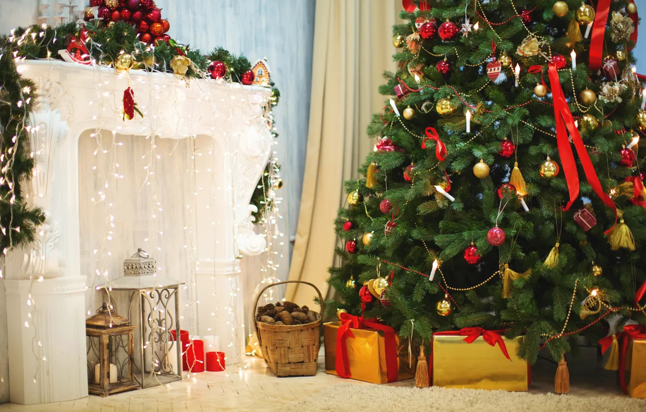 Фото обои украшения, игрушки, елка, Рождество, фонари, подарки, Новый год, ёлка