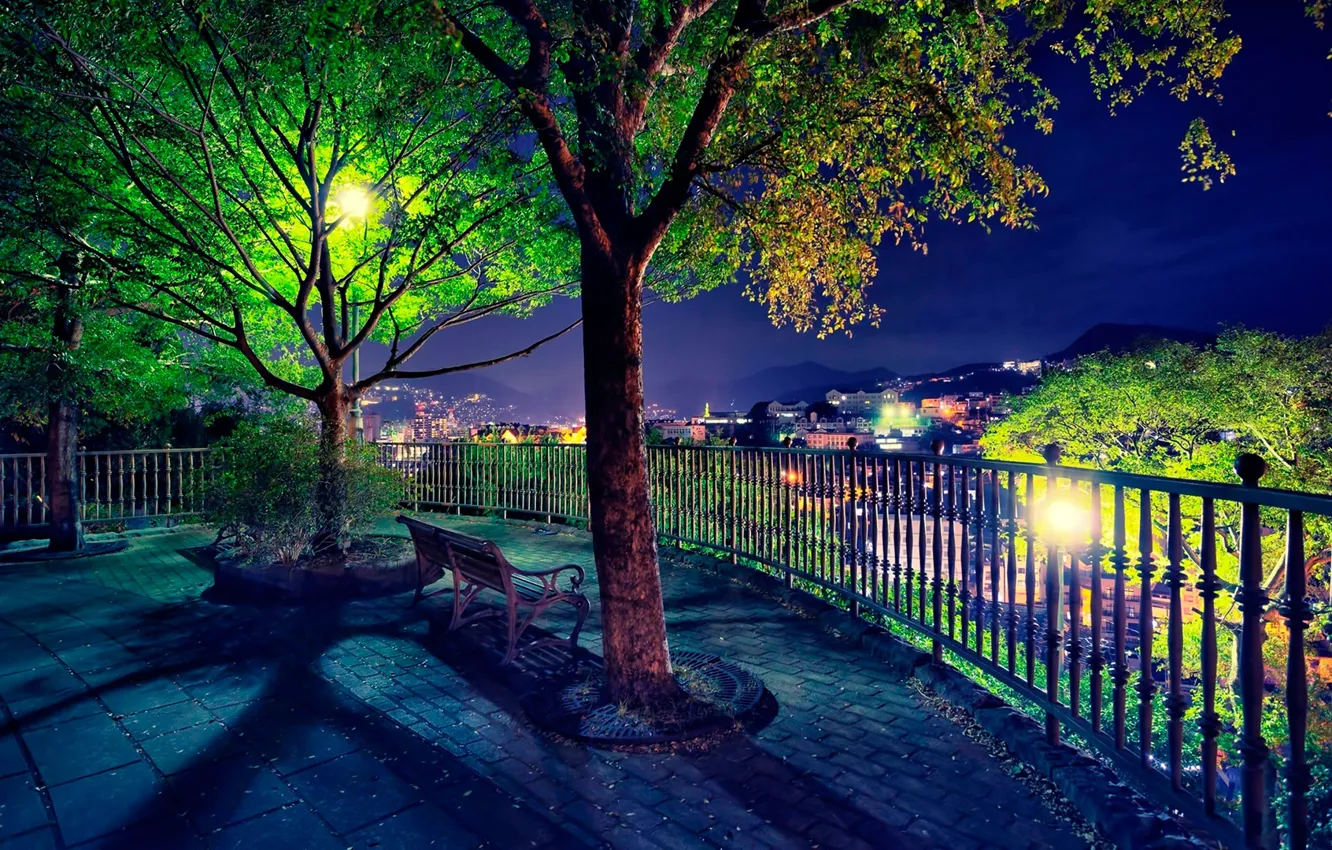 Фото обои скамейка, фонари, ночной вид, смотровая площадка