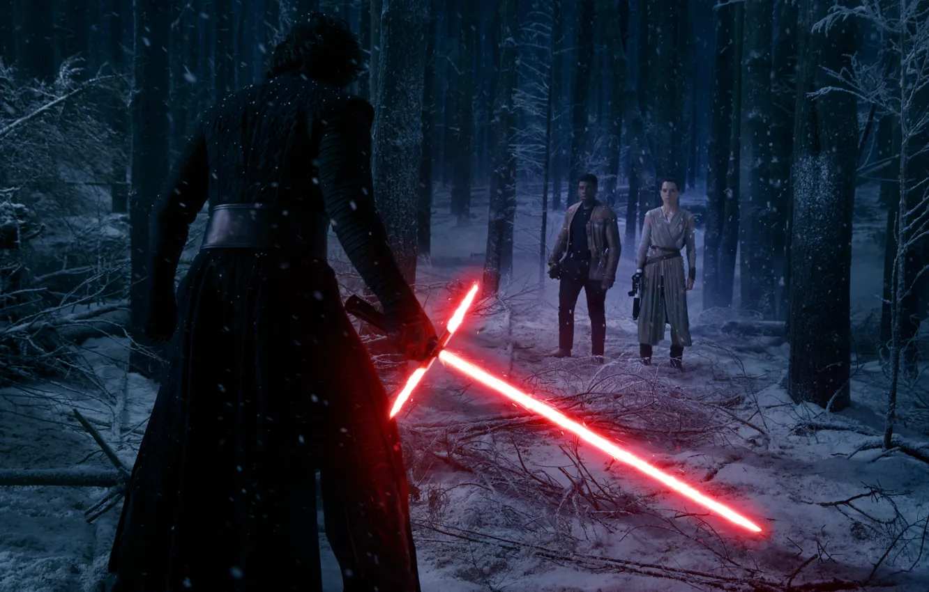 Фото обои лес, снег, деревья, ночь, фантастика, меч, Finn, Star Wars: The Force Awakens