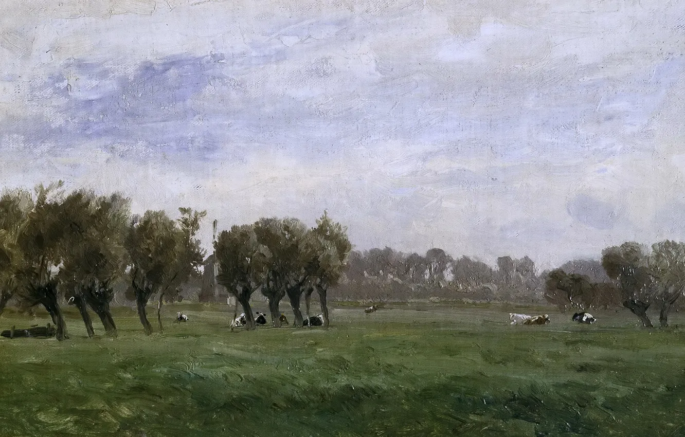 Фото обои трава, деревья, пейзаж, картина, коровы, Карлос де Хаэс, Голландские Луга