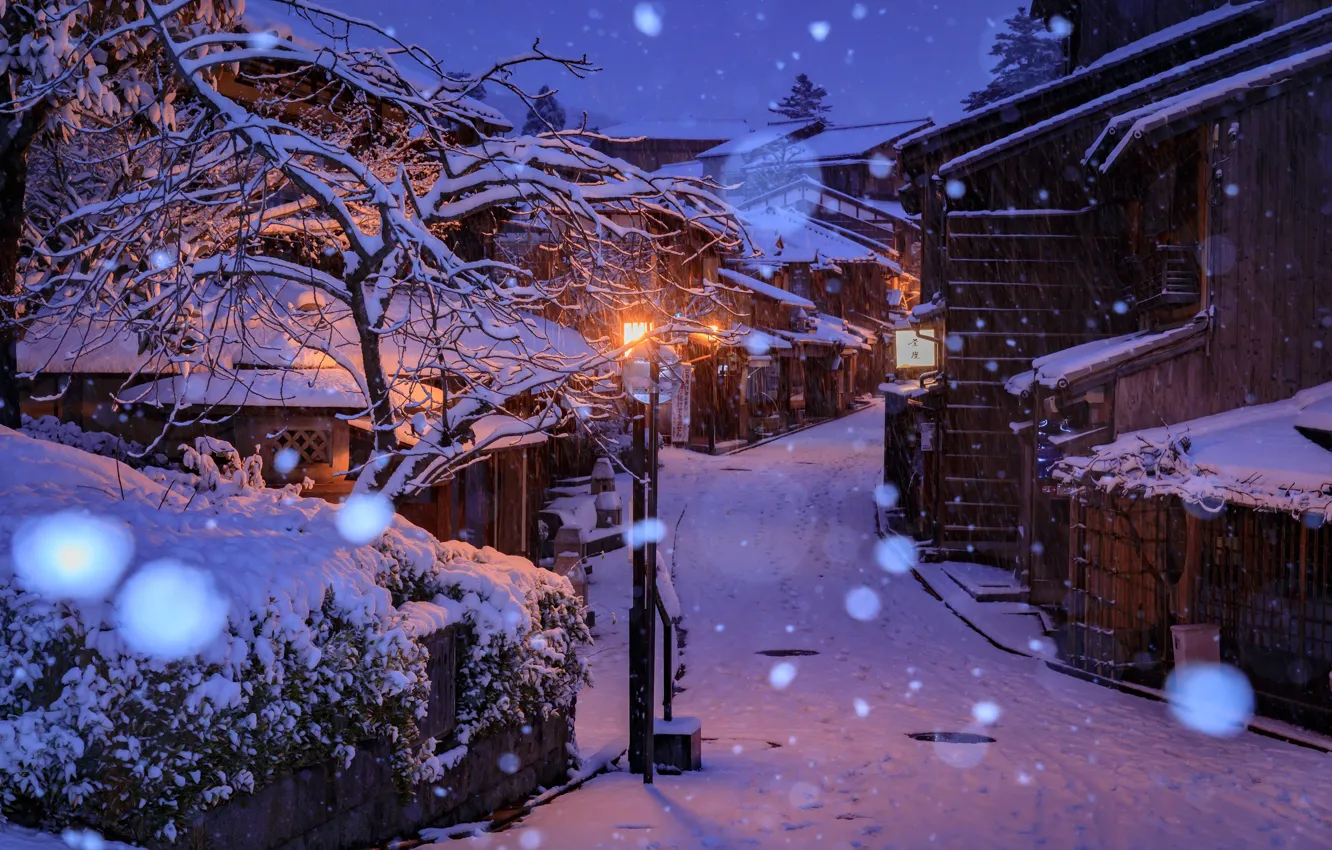 Фото обои зима, снег, снежинки, огни, улица, дома, вечер, Япония