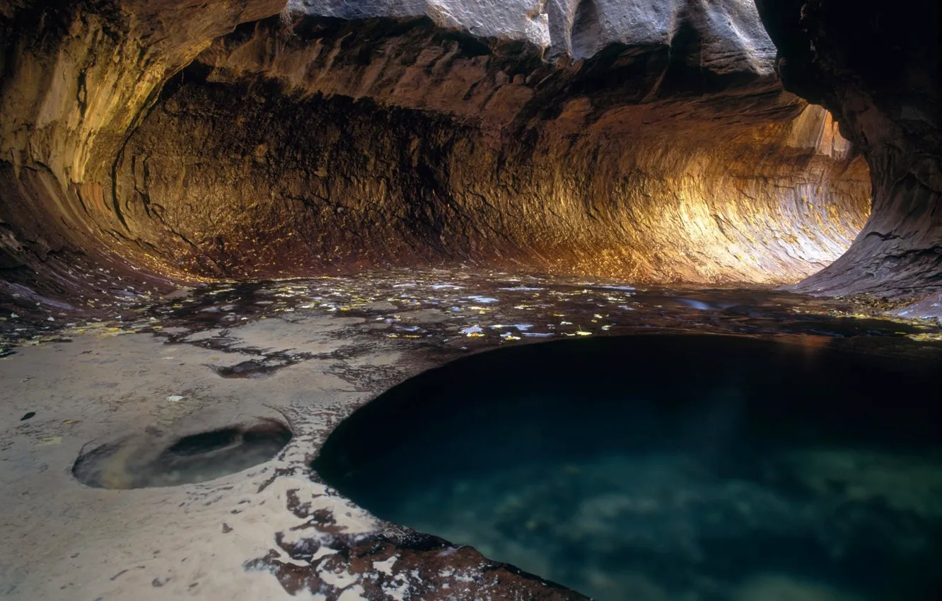 Фото обои туннель, Tunnel, голубой пруд, Национальный парк Сион-Каньон, blue pond, Zion Canyon National Park