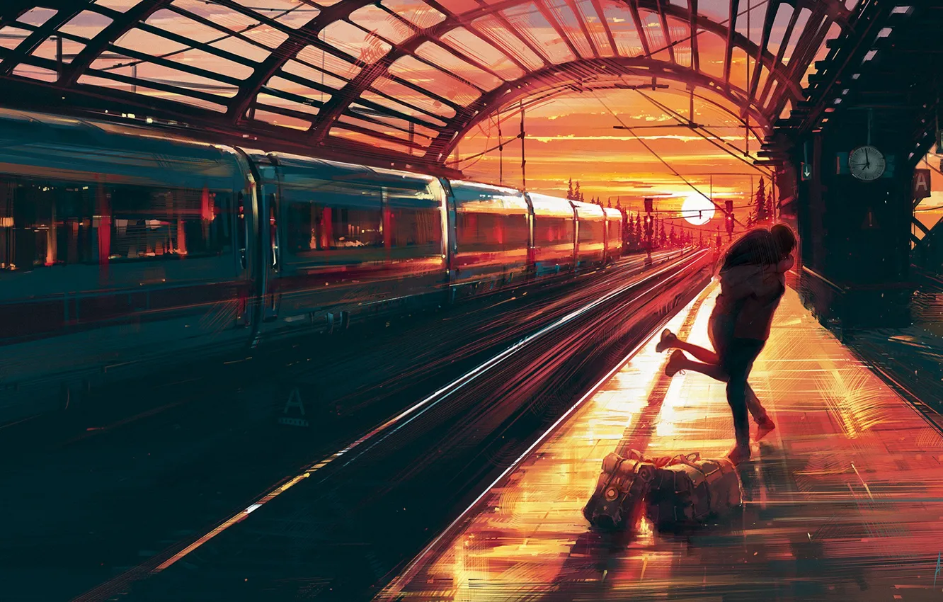 Фото обои радость, закат, часы, встреча, вокзал, поезд, вагоны, объятия