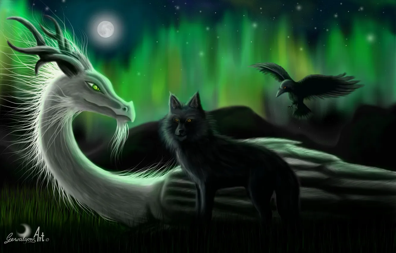 Фото обои трава, луна, волк, звёзды, змей, ворон, Фенрир, Ермунгард
