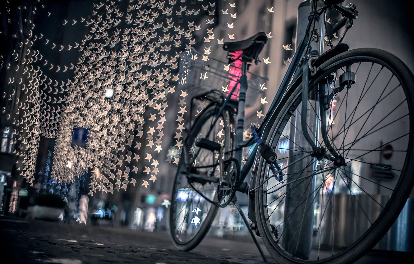 Фото обои дорога, ночь, велосипед, город, огни, улица, боке