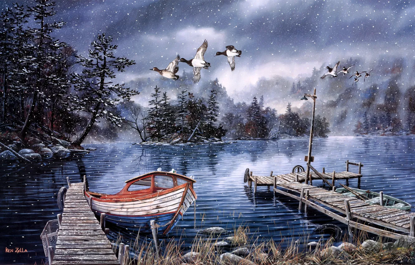 Фото обои озеро, лодка, утки, причал, катер, фонарь, живопись, поздняя осень