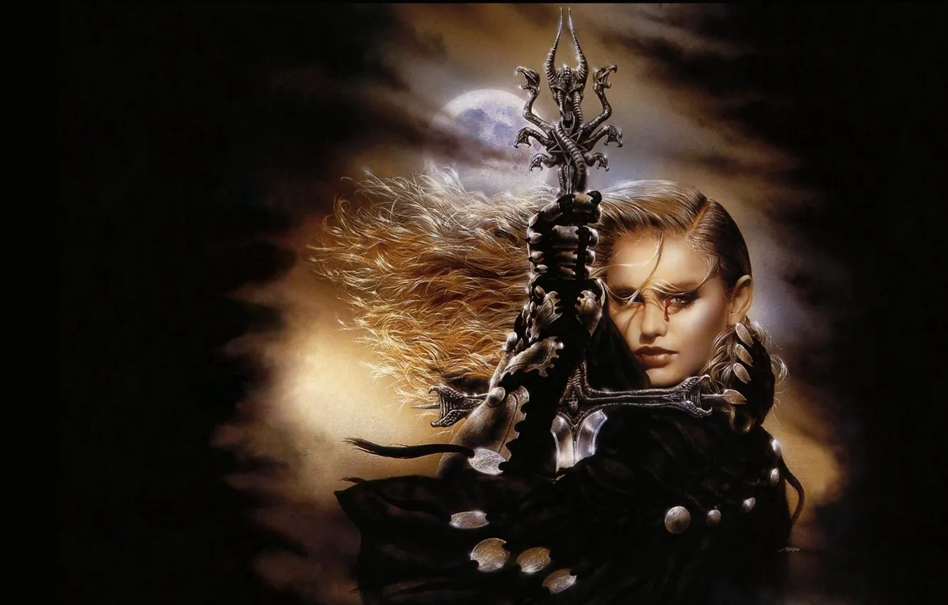 Фото обои Блондинка, Меч, Плащ, Luis Royo, Луис Ройо, Malefic, Nine tongues and one ear, Луз