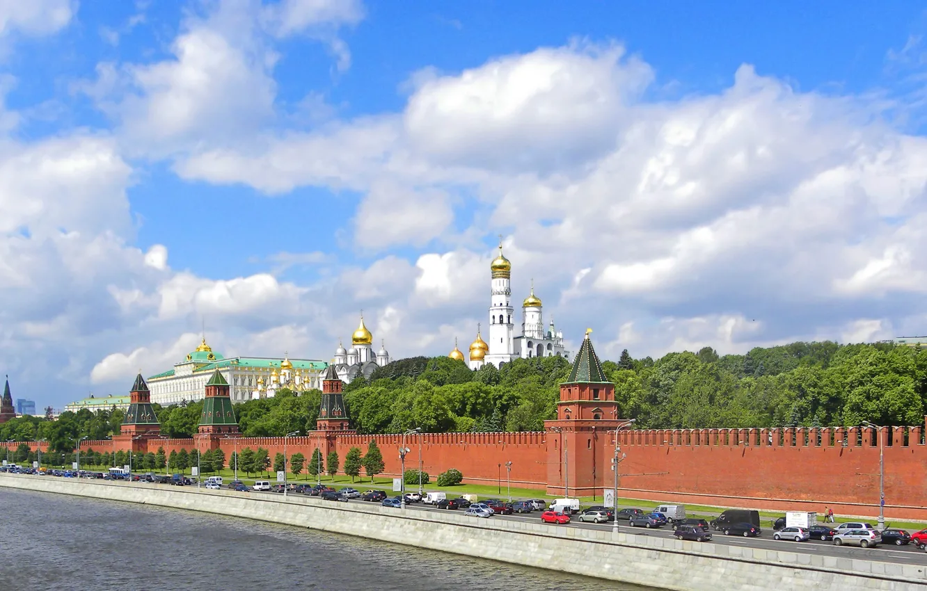 Фото обои дорога, река, панорама, Москва, кремль