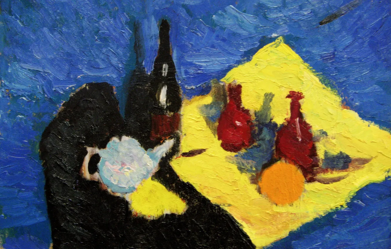 Фото обои вино, 2006, чайник, натюрморт, синий фон, Петяев