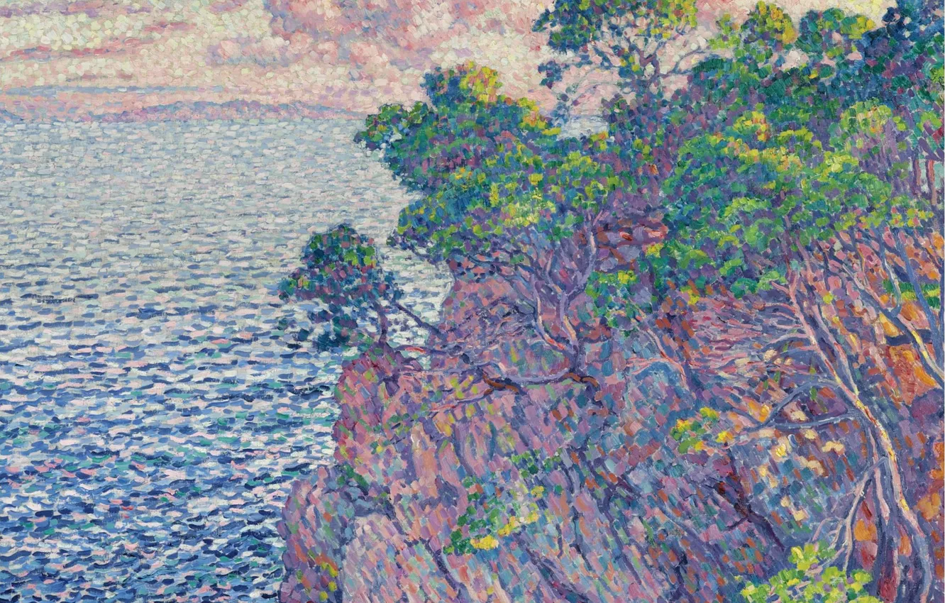 Фото обои пейзаж, скала, картина, 1905, Theo van Rysselberghe, Тео ван Рейссельберге, Пуант дю Росиньоль (Мыс Лейе)