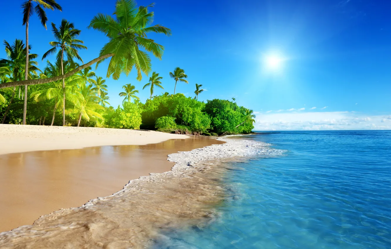 Фото обои песок, море, пляж, небо, солнце, тропики, океан, берег