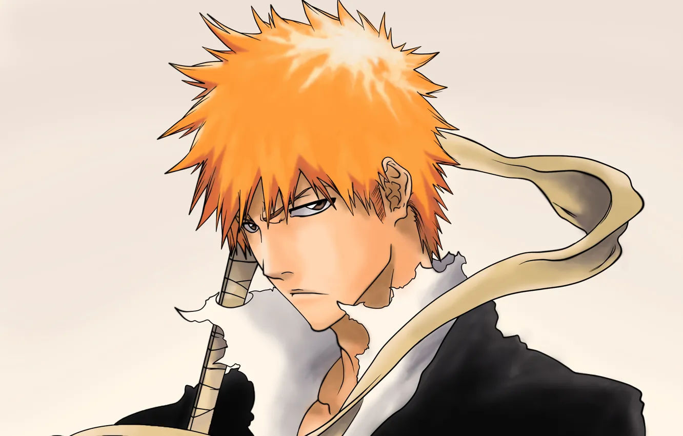 Фото обои взгляд, парень, Bleach, Блич, недовольство, kurosaki ichigo, art, рукоять меча