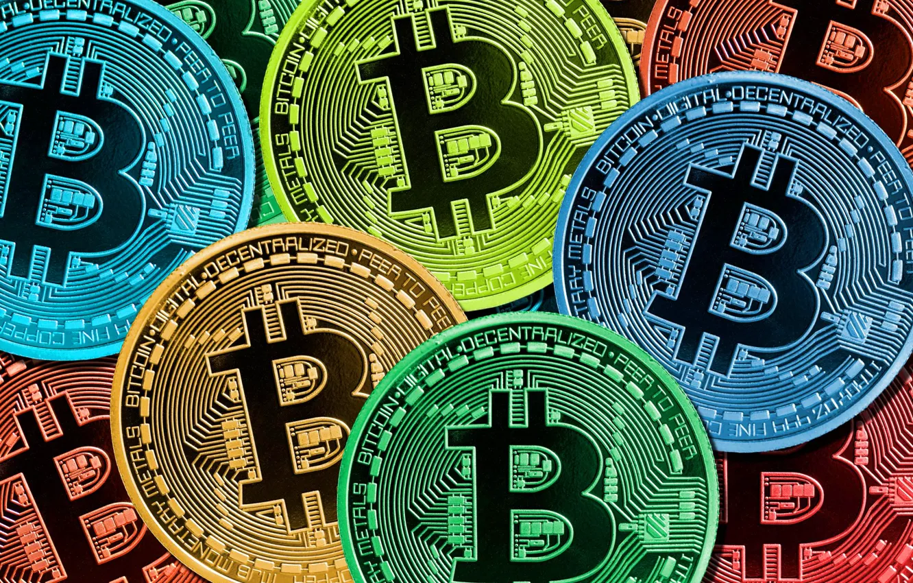 Фото обои цветные, монеты, fon, bitcoin, биткоин, btc
