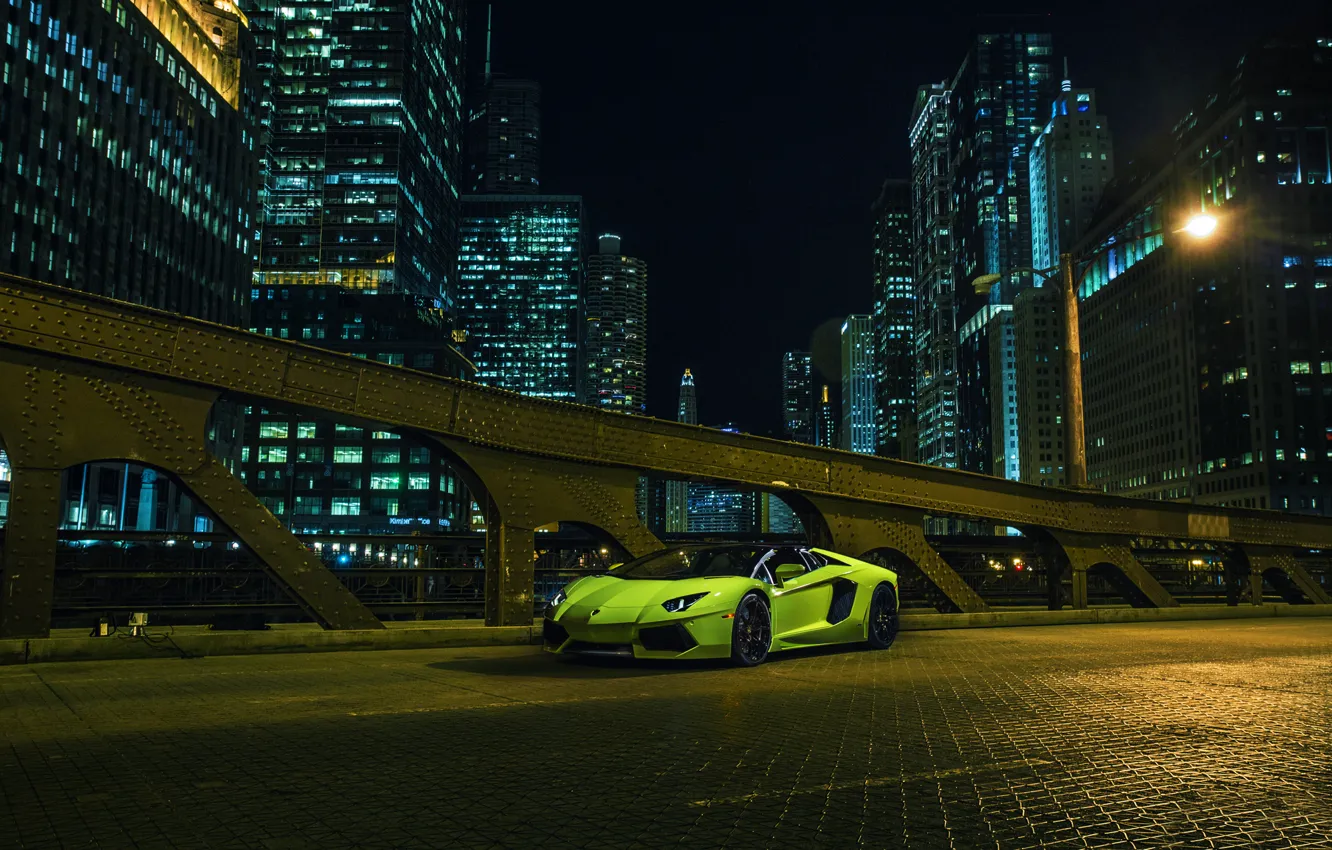 Фото обои Roadster, Lamborghini, City, Chicago, Green, Front, Downtown, LP700-4