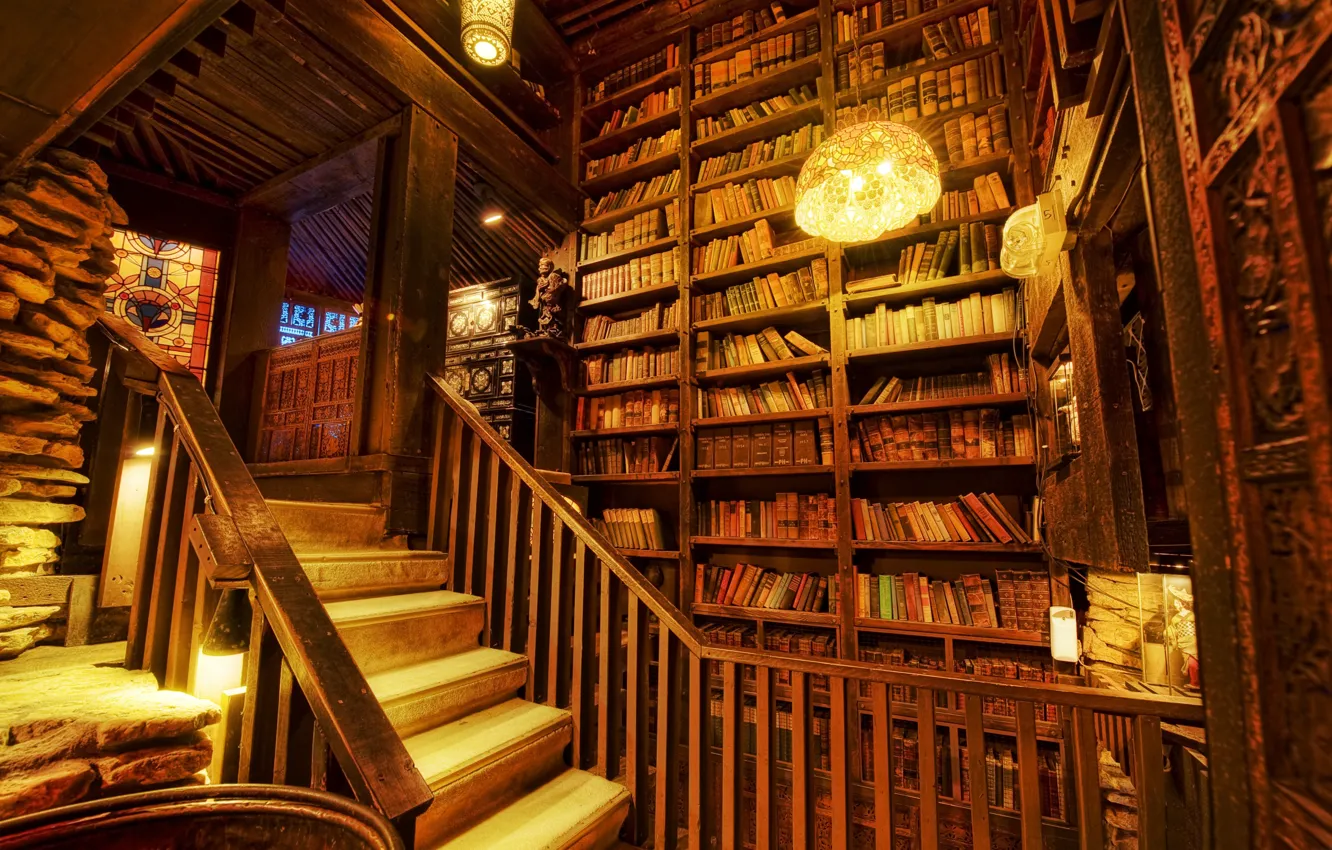 Фото обои light, books, stairs, Library, shelving