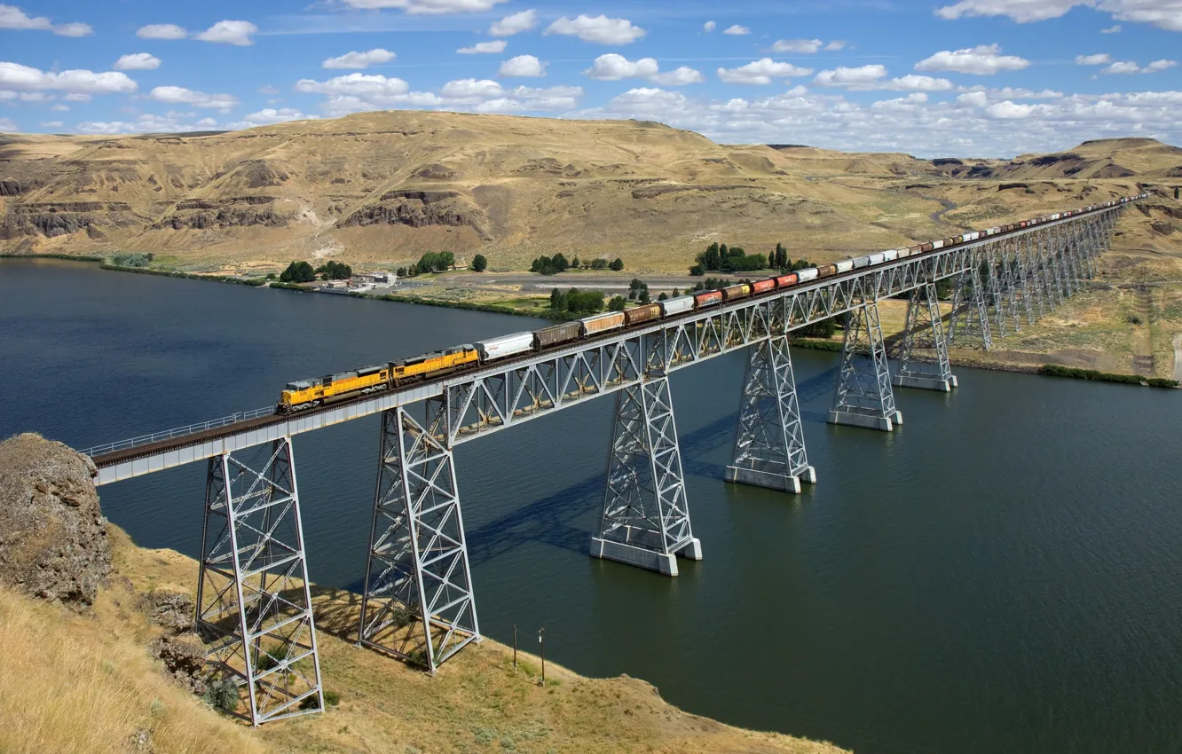 Фото обои Bridge, Train, River, Load