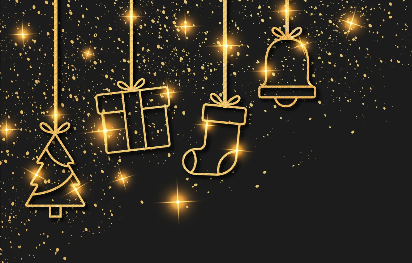 Фото обои украшения, золото, Рождество, Новый год, golden, christmas, черный фон, new year