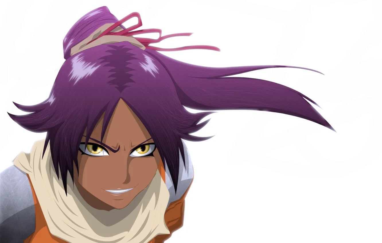 Фото обои Взгляд, Улыбка, Bleach, Art, Shihouin Yoruichi, Palmereap