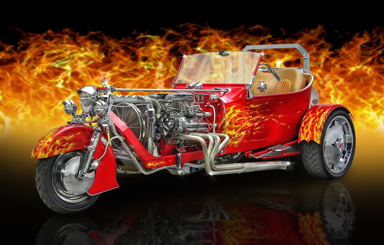 Фото обои огонь, пламя, Ford, T-Bucket, трицикл, трайк, Trike, Viper Red