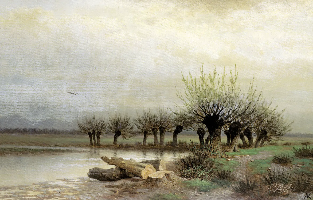 Фото обои небо, деревья, озеро, масло, Весна, бревна, Холст, 1866