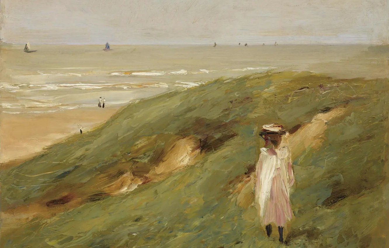 Фото обои море, пейзаж, картина, 1906, Max Liebermann, Макс Либерман, Ребенок в Дюнах возле Нордвейка
