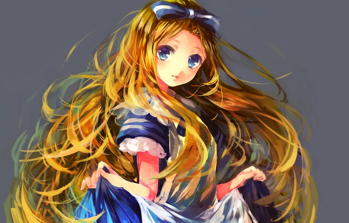 Фото обои Alice in Wonderland, Алиса в Стране Чудес, Alice, фартук, голубое платье, бант для волос, пышные …