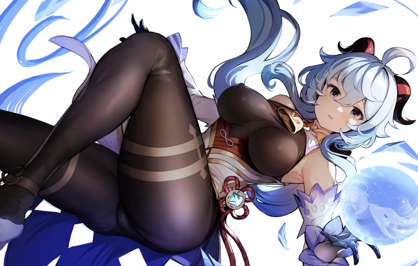 Фото обои girl, sexy, horns, erect nipples, long hair, dress, boobs, anime