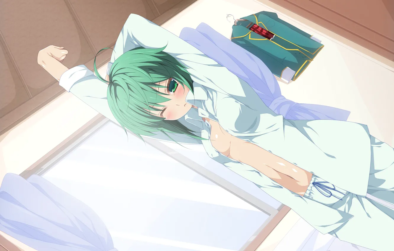 Фото обои комната, утро, окно, румянец, пижама, зеленые волосы, школьная форма, art