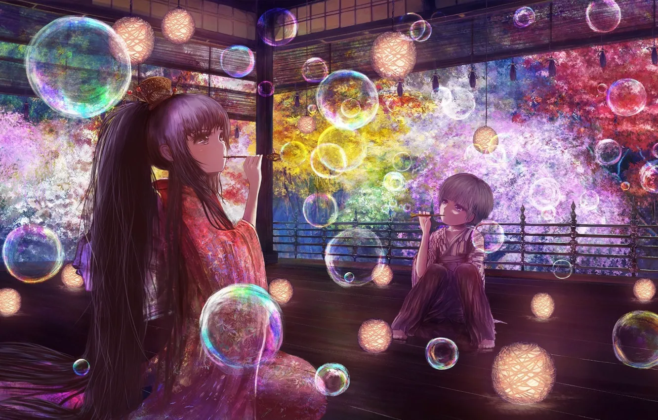 Фото обои ночь, пузыри, девочки, кимоно, двое, веранда, art, мыльные