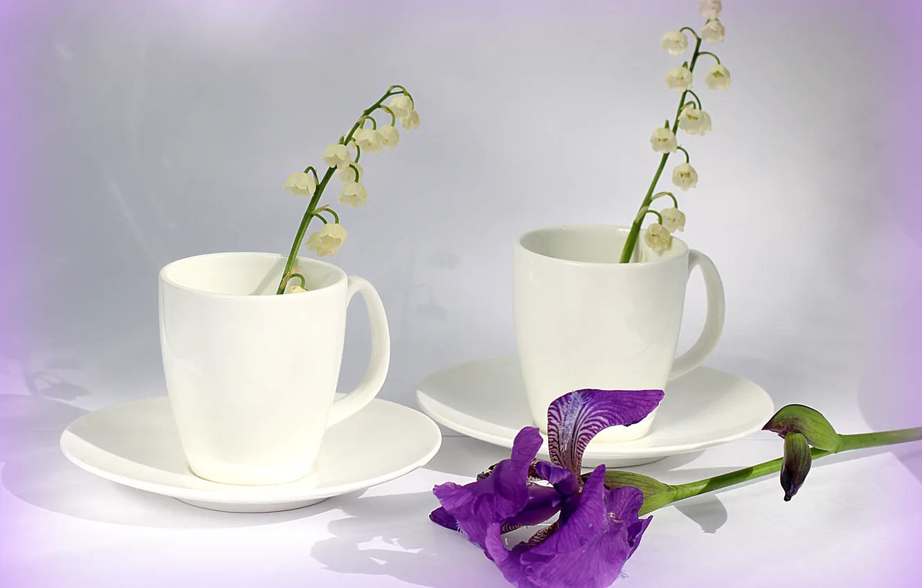 Фото обои цветы, белое, чашки, колокольчики, ландыши, фарфор, ирис