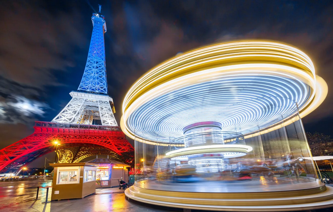 Фото обои огни, краски, Франция, Париж, Эйфелева башня, карусель