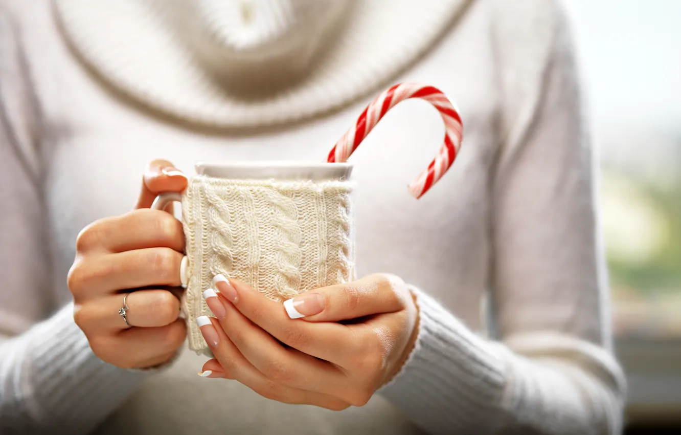 Фото обои руки, кружка, winter, cup, какао, drink, hands, варежка