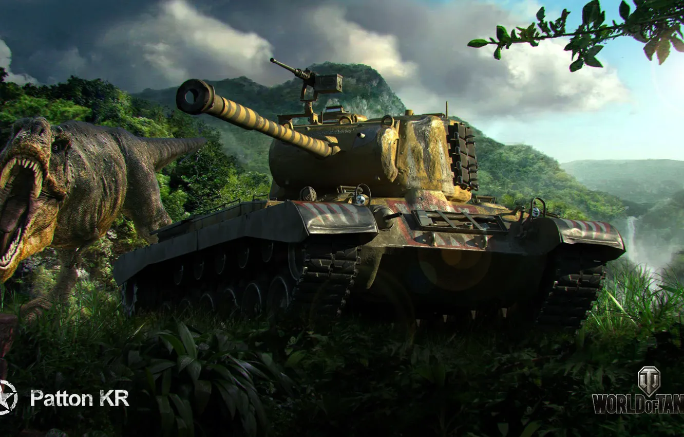 Фото обои техника, танки, мир танков, World of Tanks, M46 Patton KR, камуфляж. динозавр