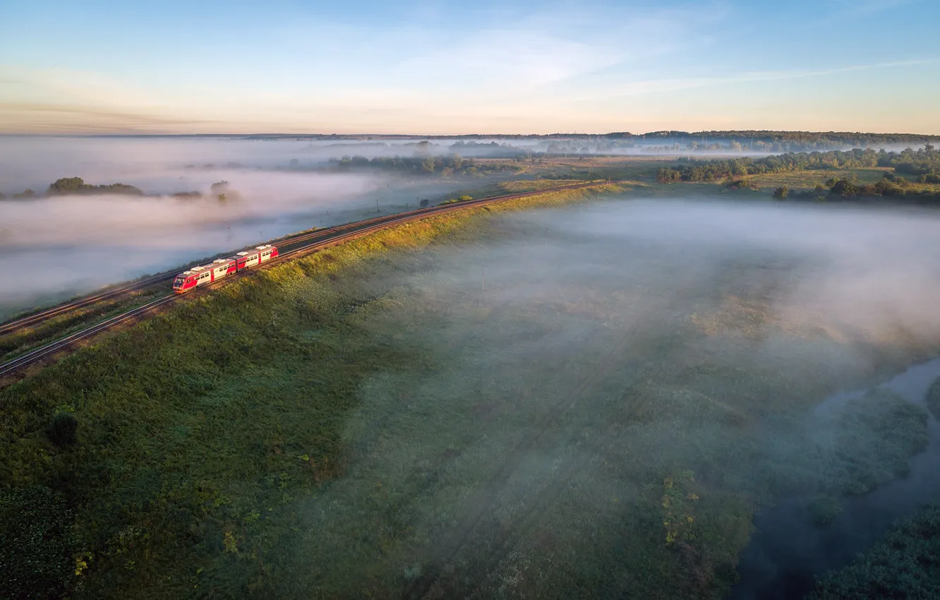 Фото обои лето, туман, река, поезд, железная дорога, summer, Россия, river