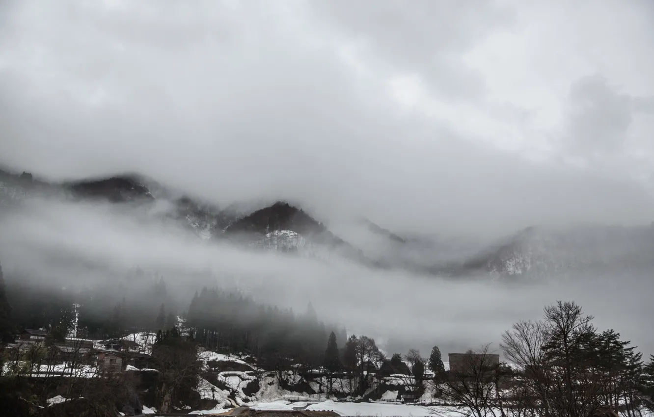 Фото обои winter, mountains, clouds, fog, village