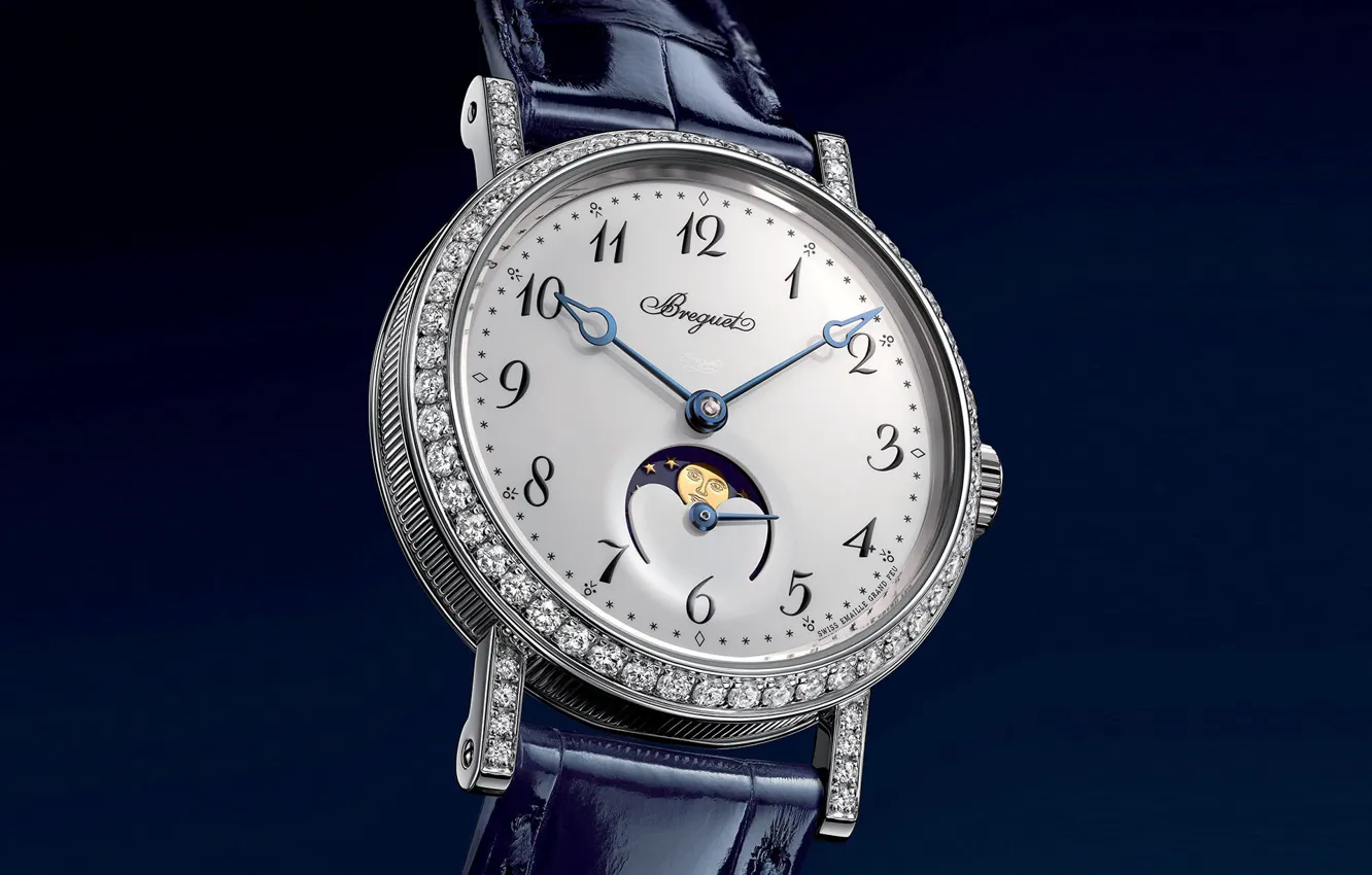 Фото обои время, стиль, часы, стразы, циферблат, синий фон, швейцарские наручные часы, женские часы Брегет