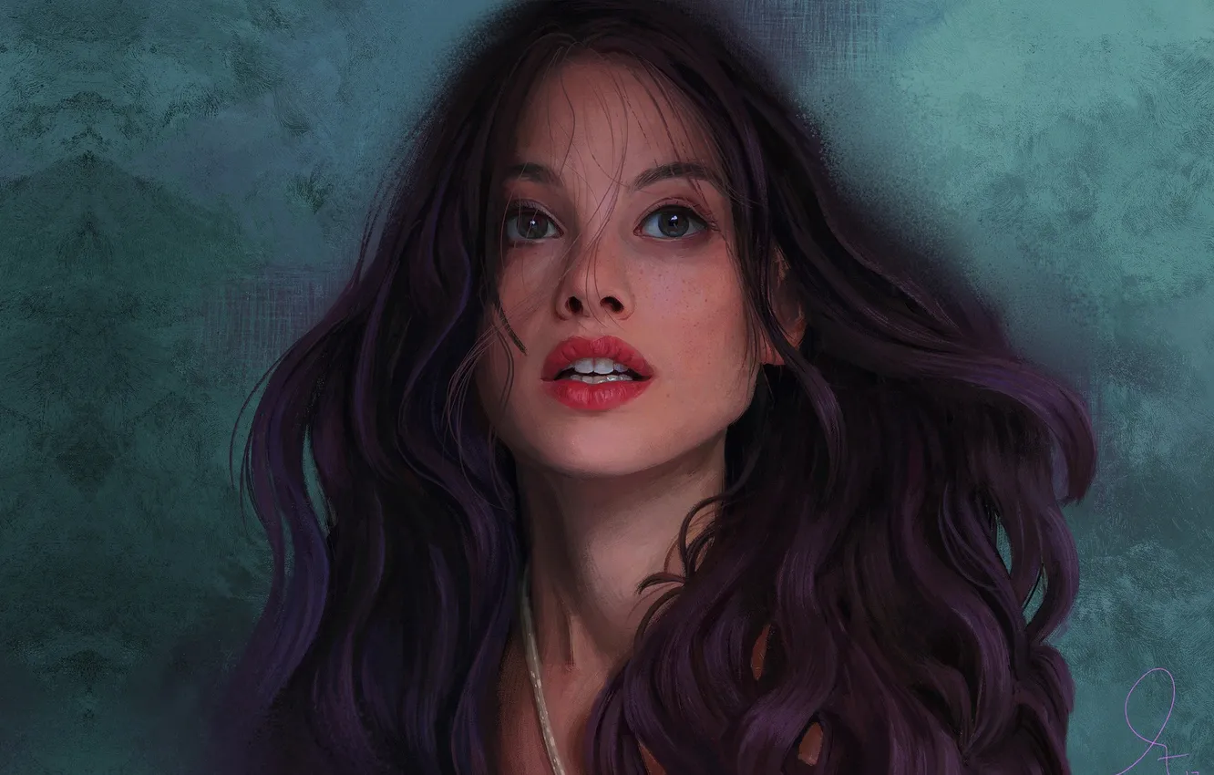 Фото обои long hair, women, face, digital art, Astrid Berges-Frisbey, artwork, dark hair, portrait