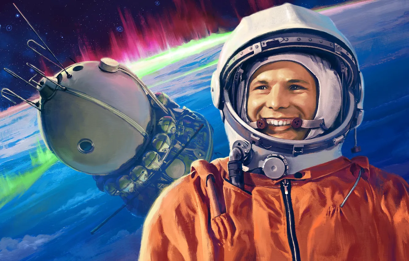Фото обои space, USSR, men, digital art, Vostok, Yuri Gagarin