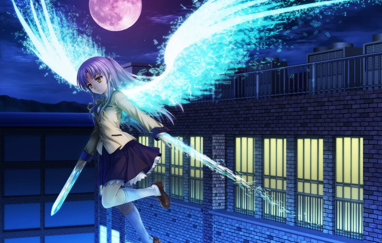 Фото обои девушка, ночь, оружие, луна, дома, крылья, аниме, арт