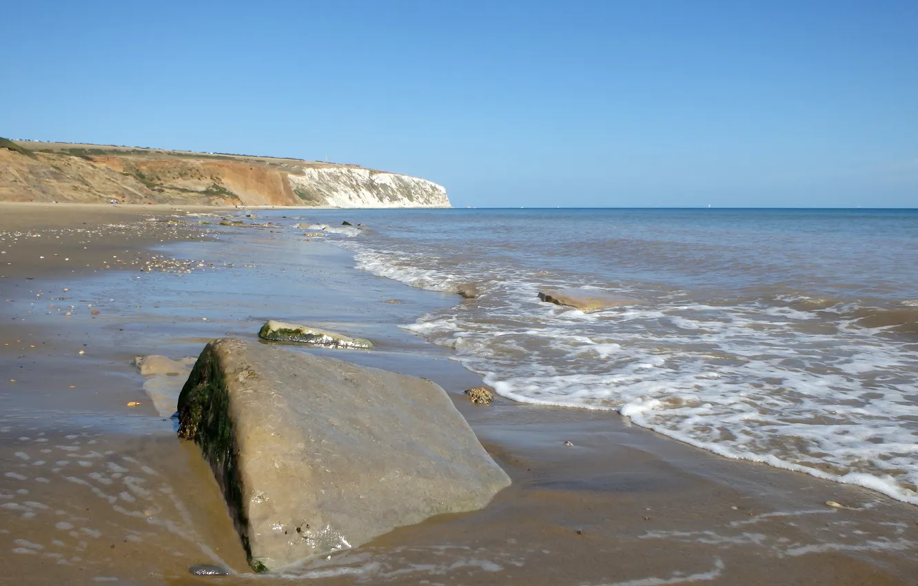 Фото обои песок, пляж, камни, побережье, Великобритания, пролив Сандаун, Yaverland Road