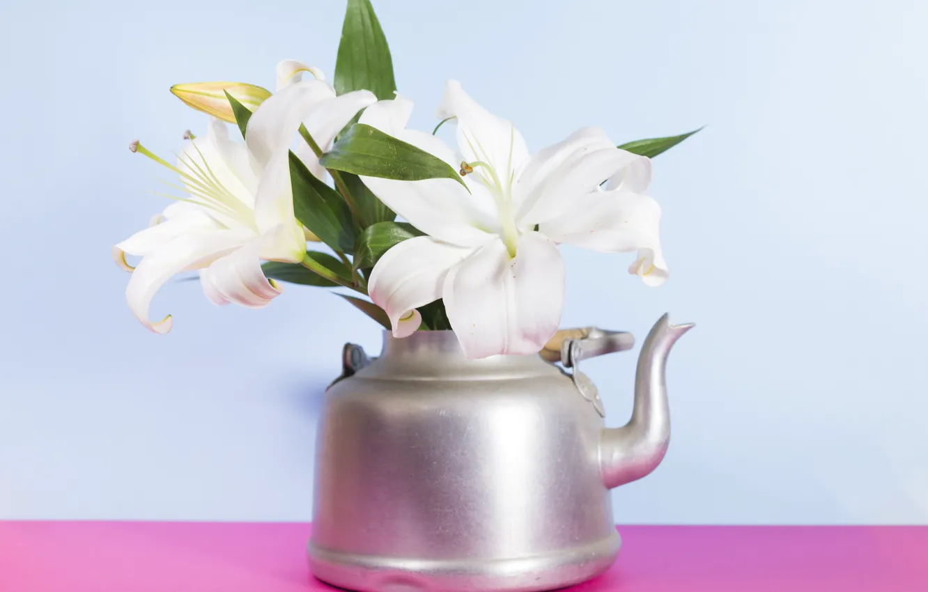 Фото обои Цветы, Букет, Чайник, Белые лилии