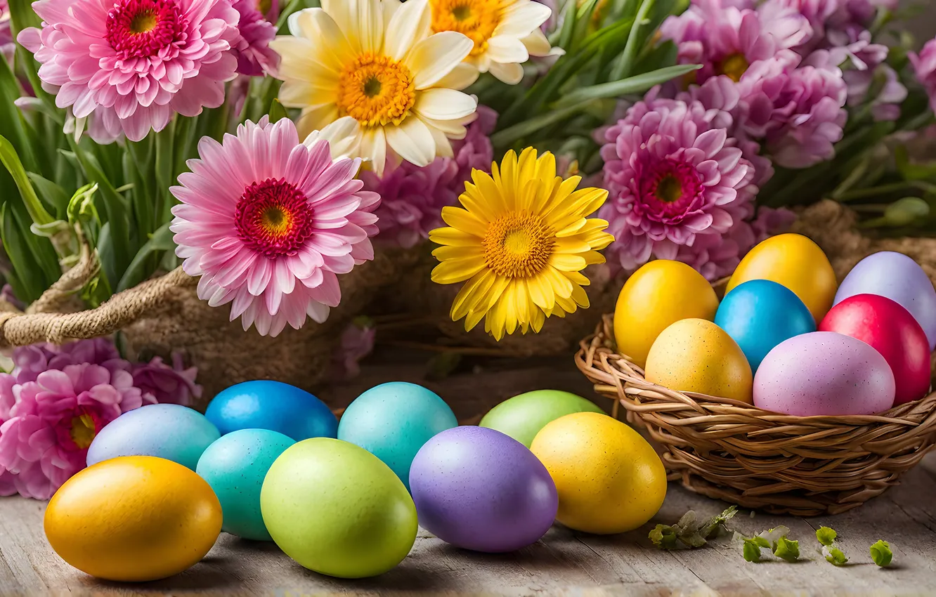 Фото обои цветы, яйца, весна, colorful, Пасха, happy, flowers, spring
