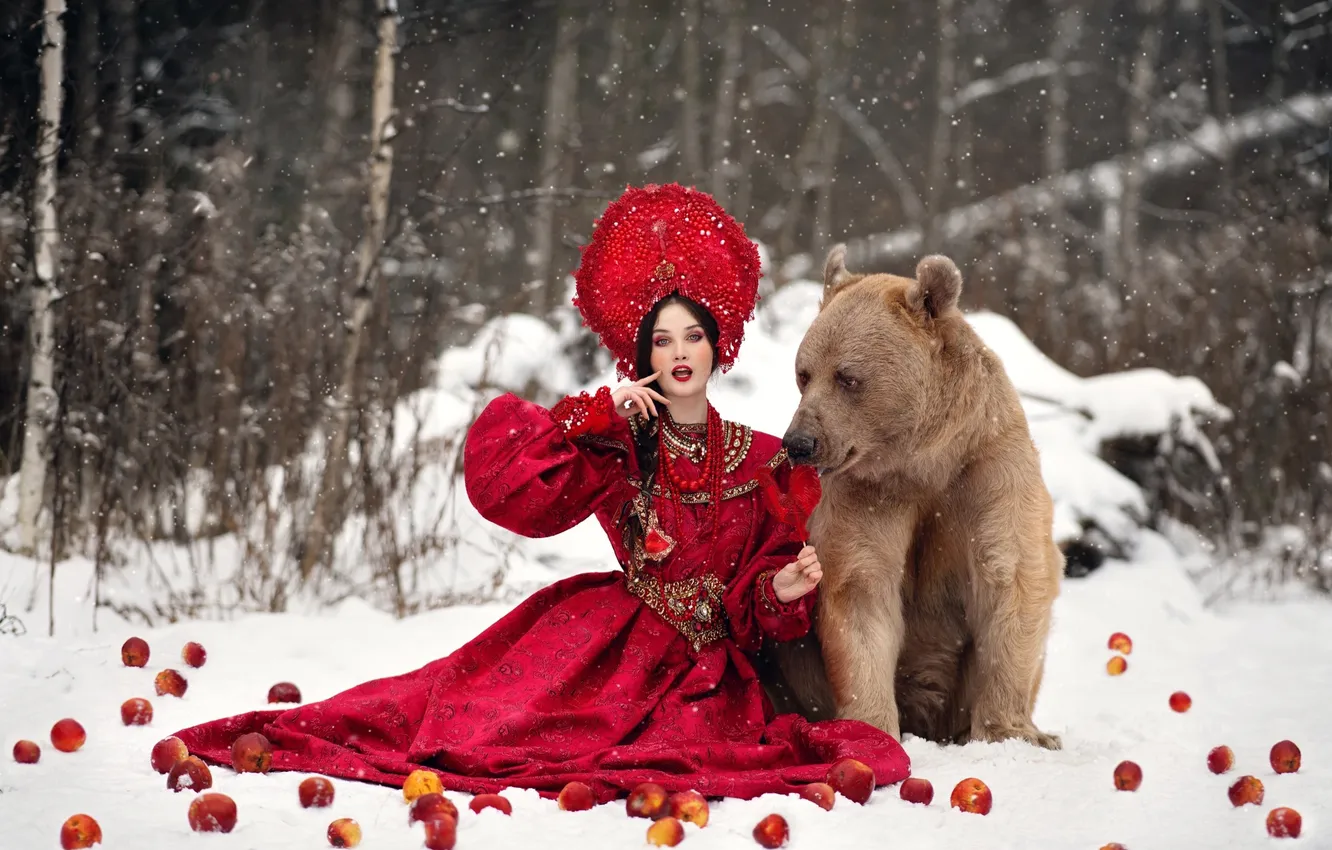 Фото обои зима, лес, взгляд, девушка, снег, природа, поза, яблоки