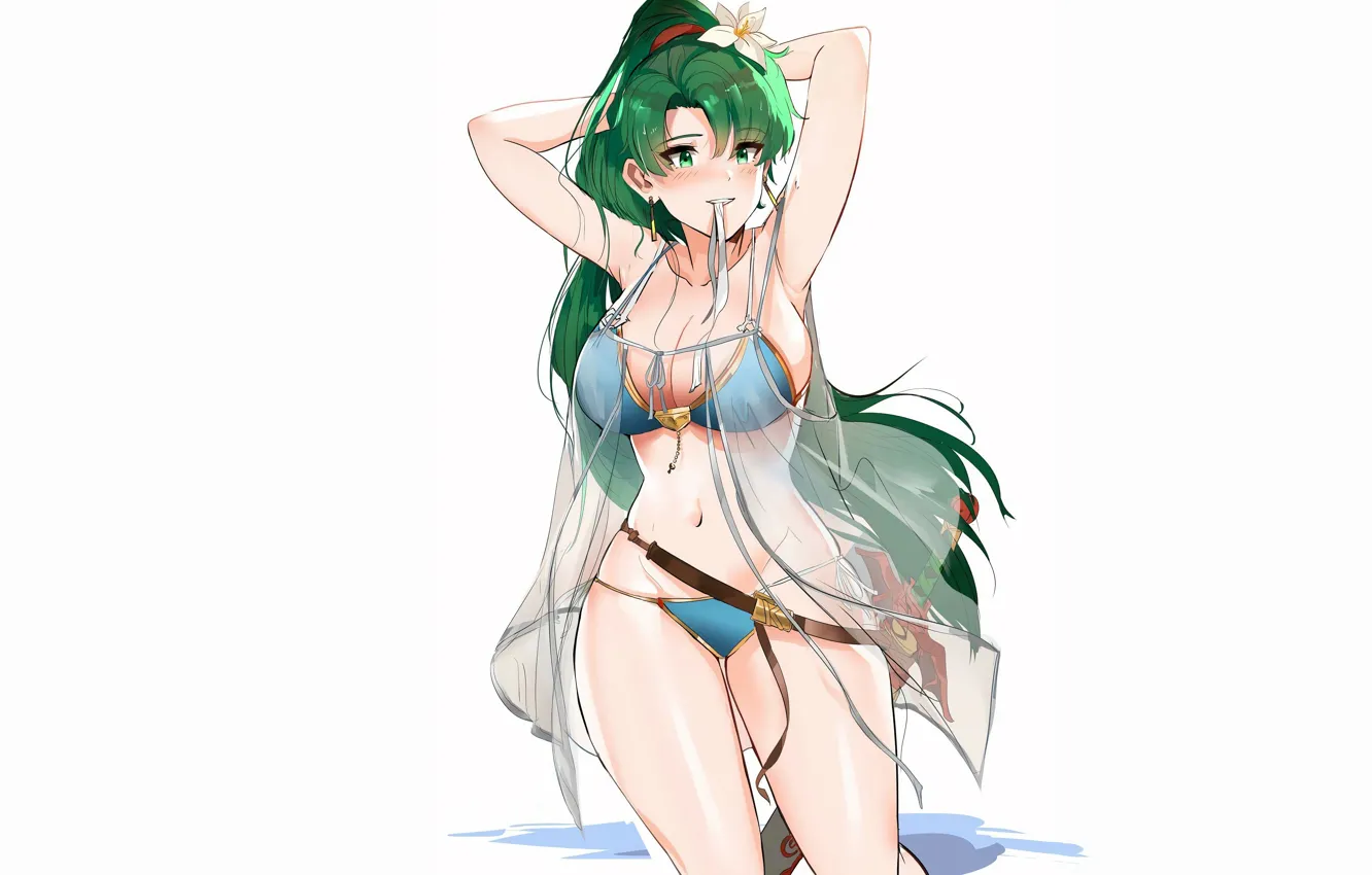 Фото обои girl, sword, sexy, cleavage, green eyes, long hair, boobs, anime