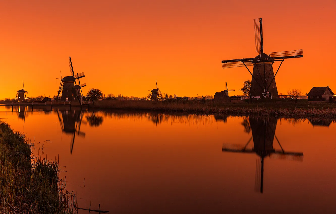 Фото обои канал, зарево, Нидерланды, ветряная мельница, Киндердайк