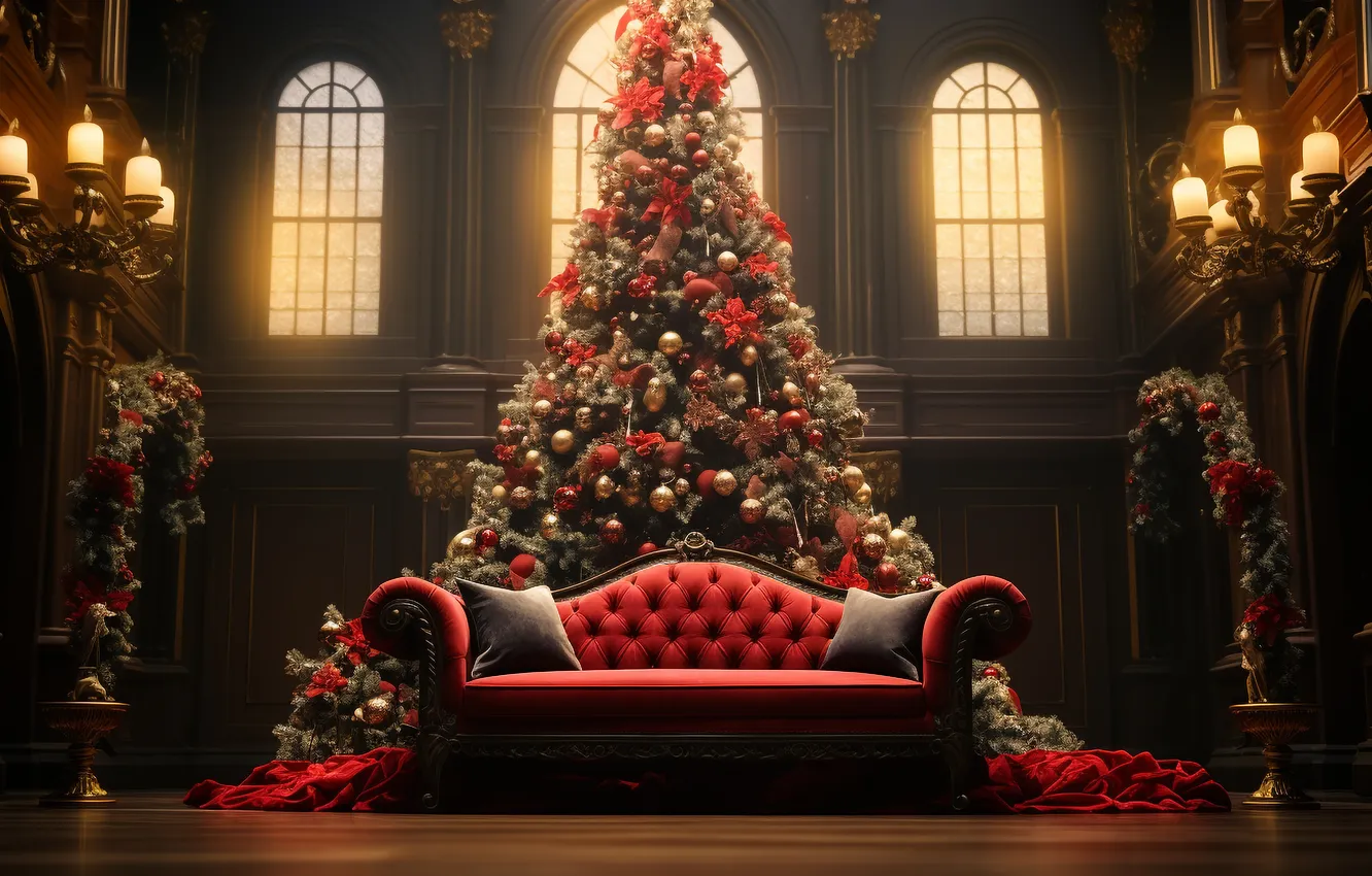 Фото обои комната, елка, интерьер, Рождество, Новый год, Christmas, view, tree