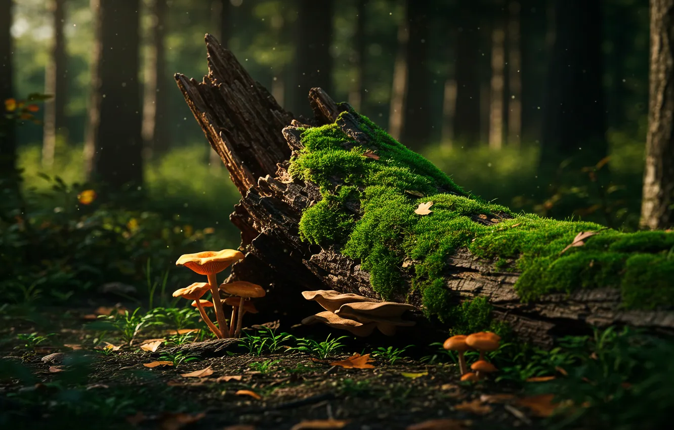 Фото обои лес, обои, грибы, мох, wallpaper, коряга, forest, mushrooms