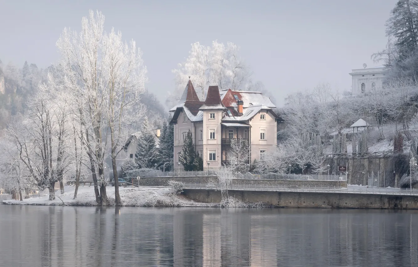 Фото обои зима, иней, свет, снег, деревья, пейзаж, озеро, дом