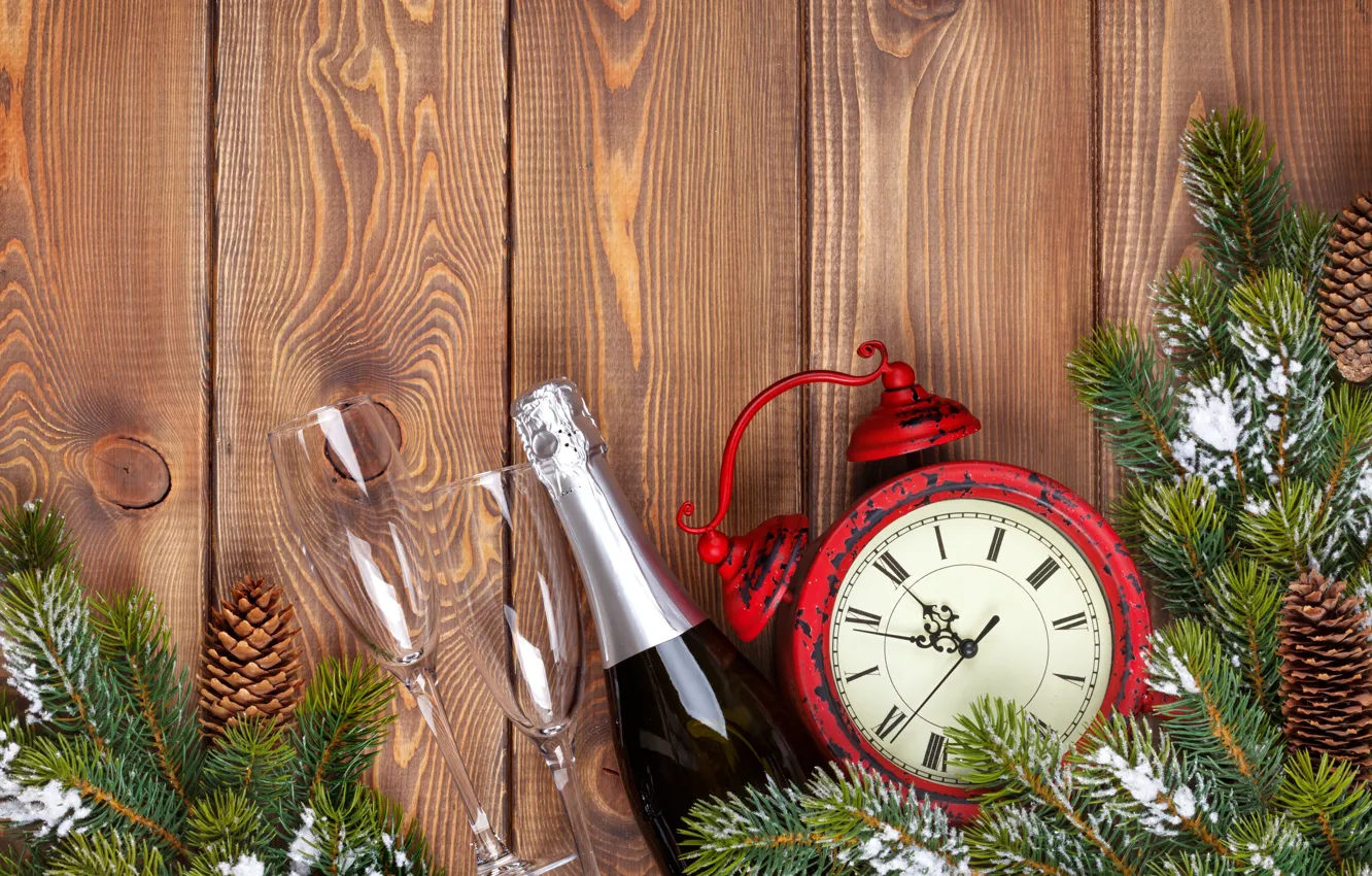 Фото обои украшения, часы, елка, Новый Год, бокалы, Рождество, шампанское, happy